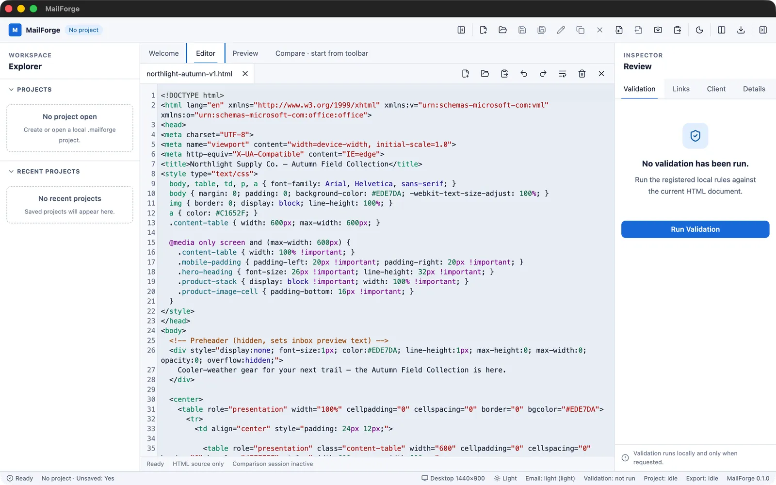MailForge's Editor tab open on the Northlight Autumn Field Collection email's HTML source, with the explorer and inspector panels visible in the application shell.