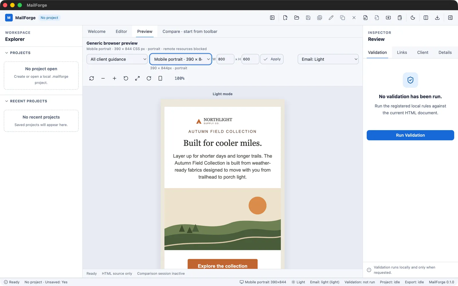MailForge's Preview tab rendering the Northlight Autumn email at the Mobile portrait 390×844 viewport, showing the hero image, headline, and call-to-action.
