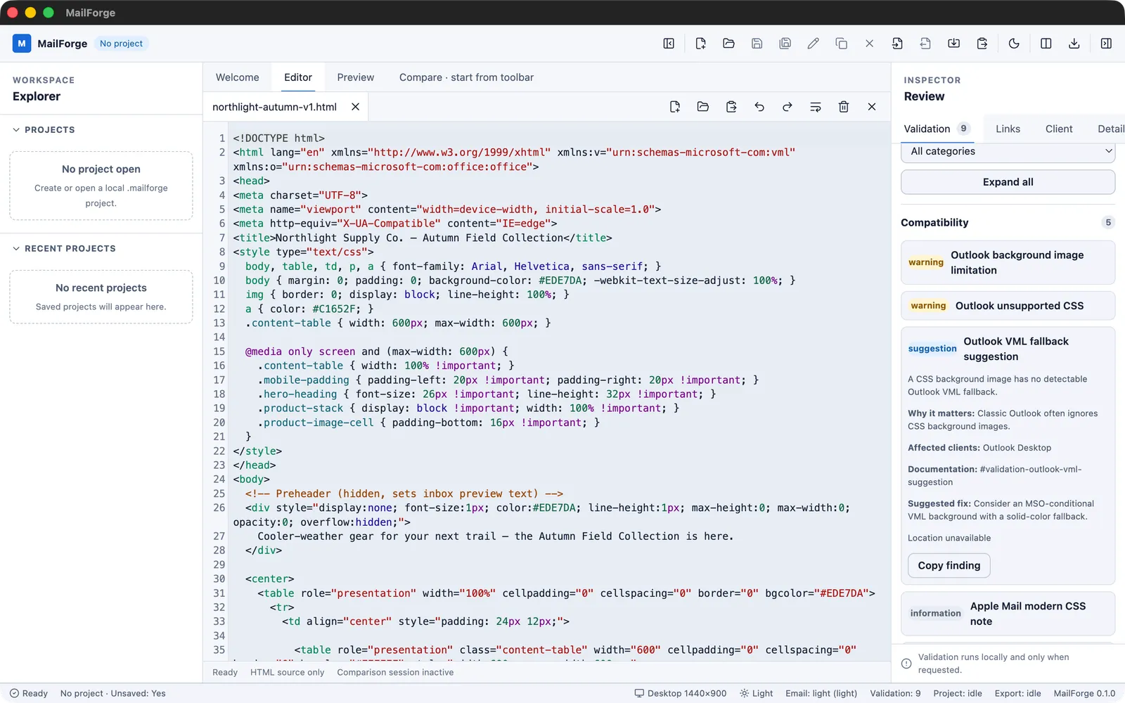 MailForge's Validation inspector showing nine findings, including an expanded Outlook VML-fallback compatibility suggestion with its rationale and suggested fix.