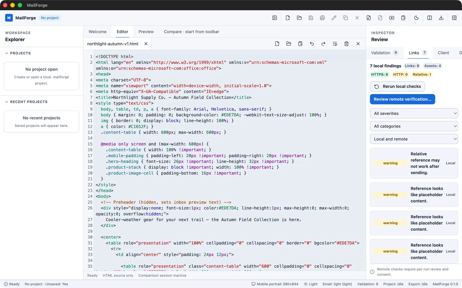 MailForge's Links & Assets inspector showing seven local findings, including a flagged relative image reference and the remote-verification consent entry point.