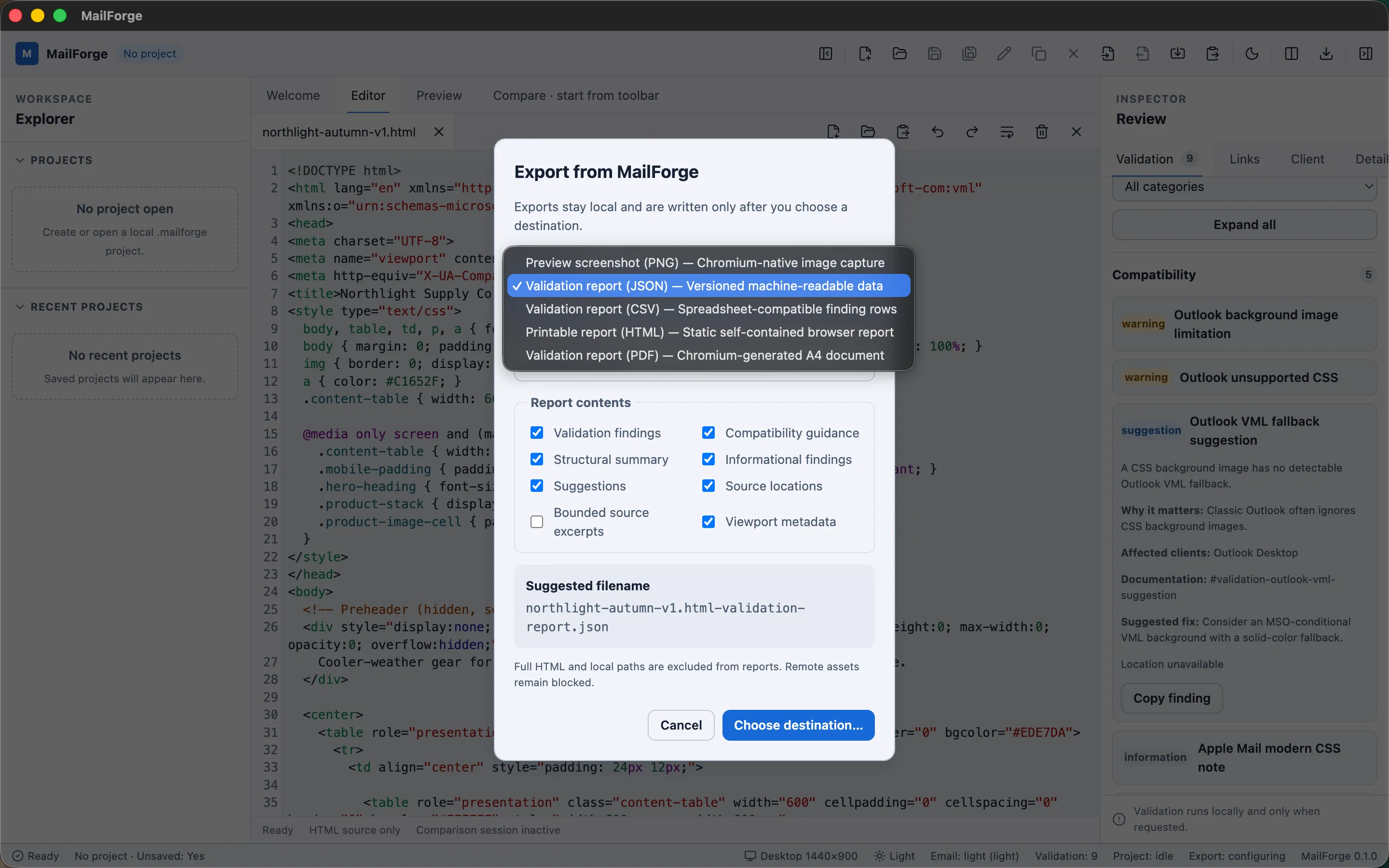 MailForge's Export dialog listing five local output formats: PNG, JSON, CSV, HTML, and PDF, with report-content options and a note that full HTML and local paths are excluded.
