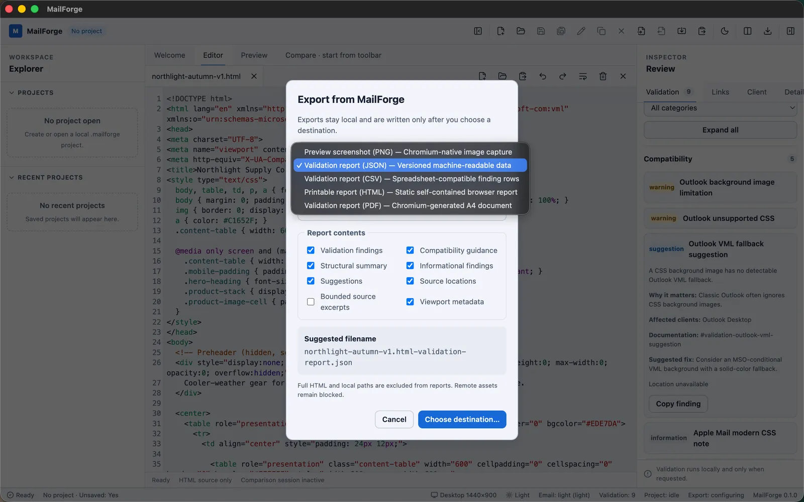 MailForge's Export dialog listing five local output formats: PNG, JSON, CSV, HTML, and PDF, with report-content options and a note that full HTML and local paths are excluded.