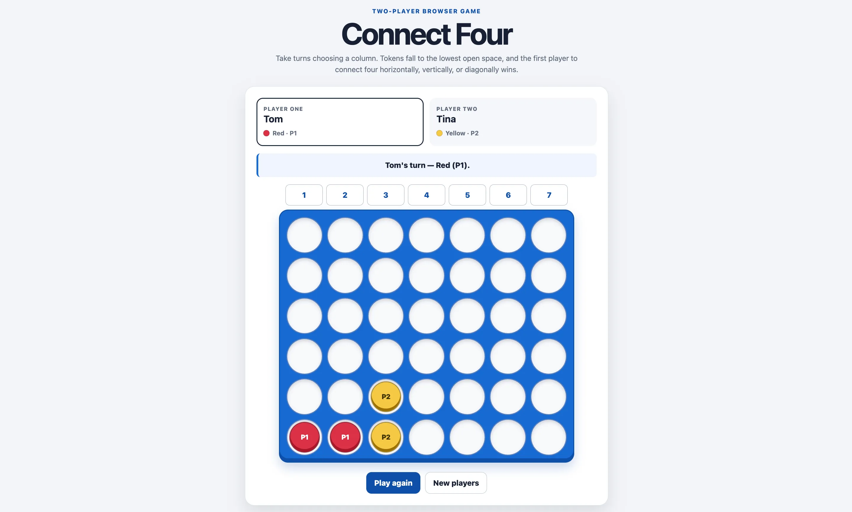 Connect Four desktop game showing Tom and Tina, seven column controls, and four red and yellow tokens placed near the bottom of the blue board.