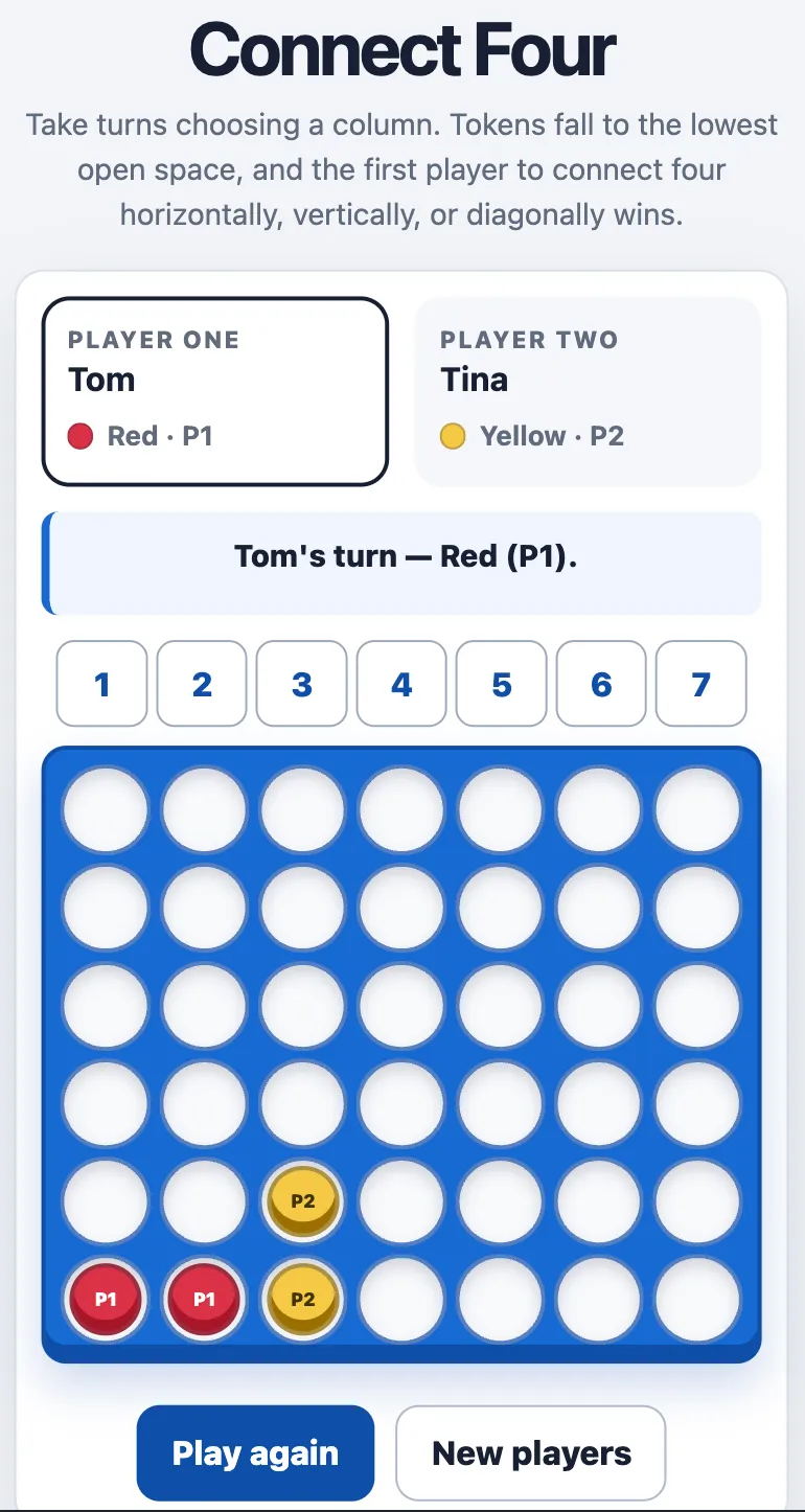 Responsive Connect Four mobile game showing Tom and Tina, the complete seven-column board, and an in-progress red-and-yellow match.