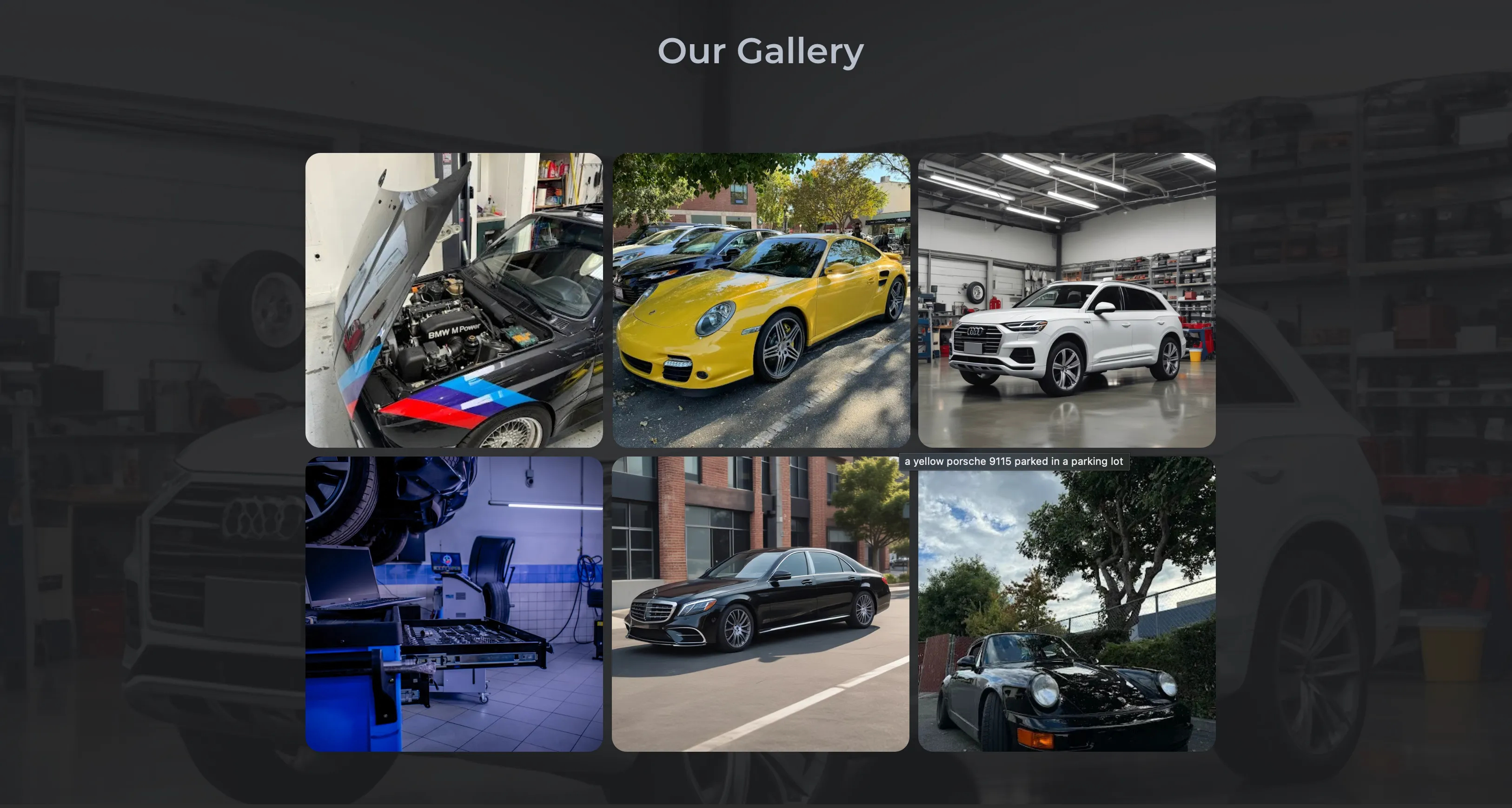 Mechanic King website gallery showing six automotive images, including European vehicles, a repair bay, and a diagnostic workstation.