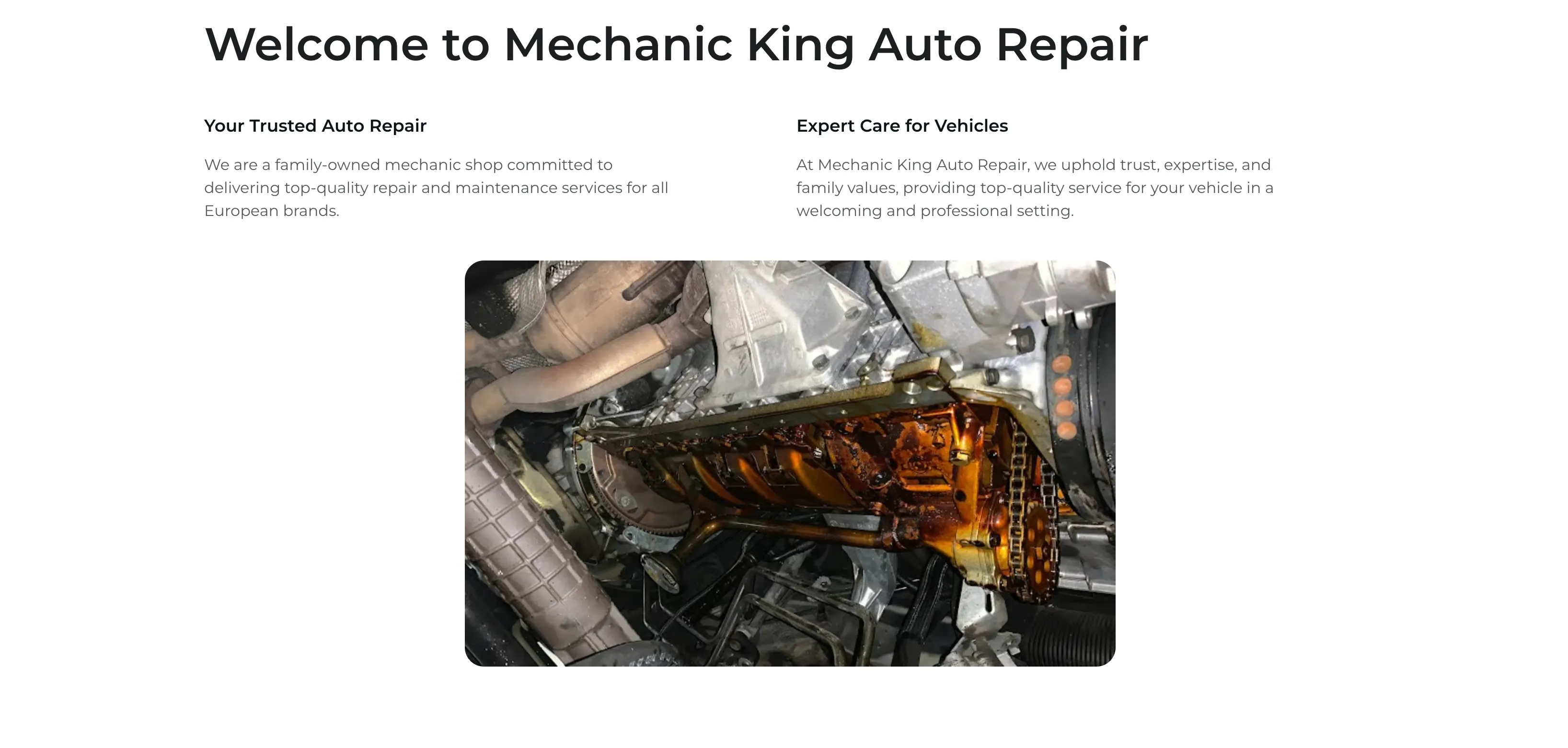Mechanic King homepage business overview with two columns describing the family-owned European auto-repair shop above a photograph of an exposed vehicle engine.
