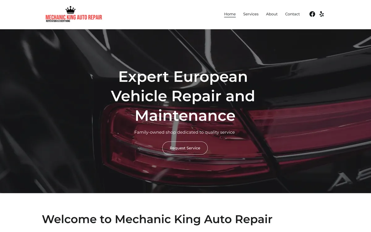 Mechanic King Auto Repair homepage with navigation, a European vehicle hero image, the headline Expert European Vehicle Repair and Maintenance, and a Request Service button.