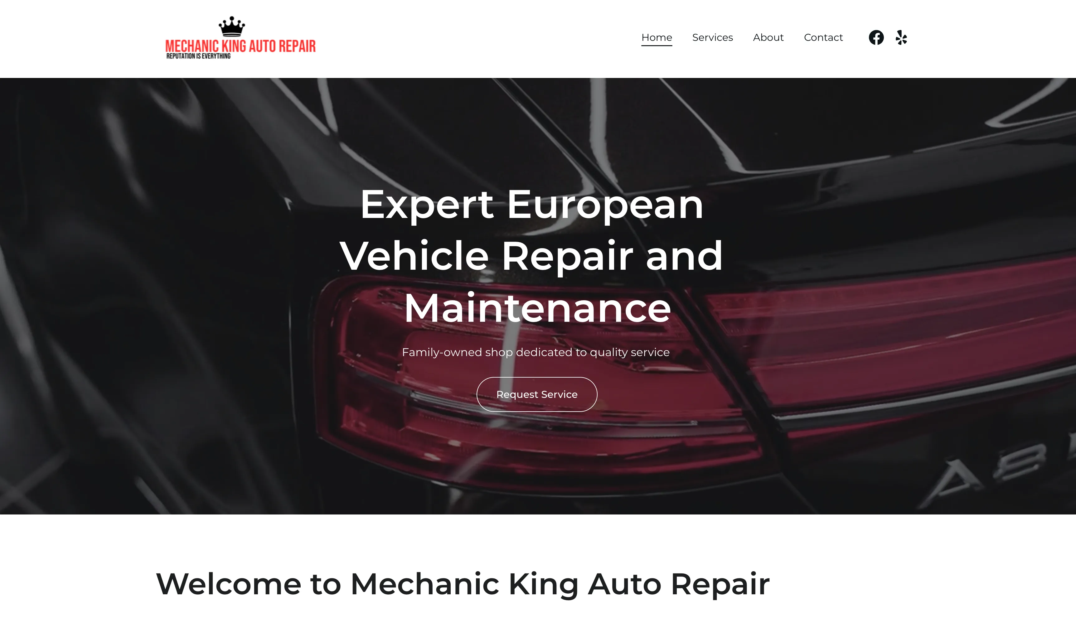 Mechanic King Auto Repair homepage with navigation, a European vehicle hero image, the headline Expert European Vehicle Repair and Maintenance, and a Request Service button.