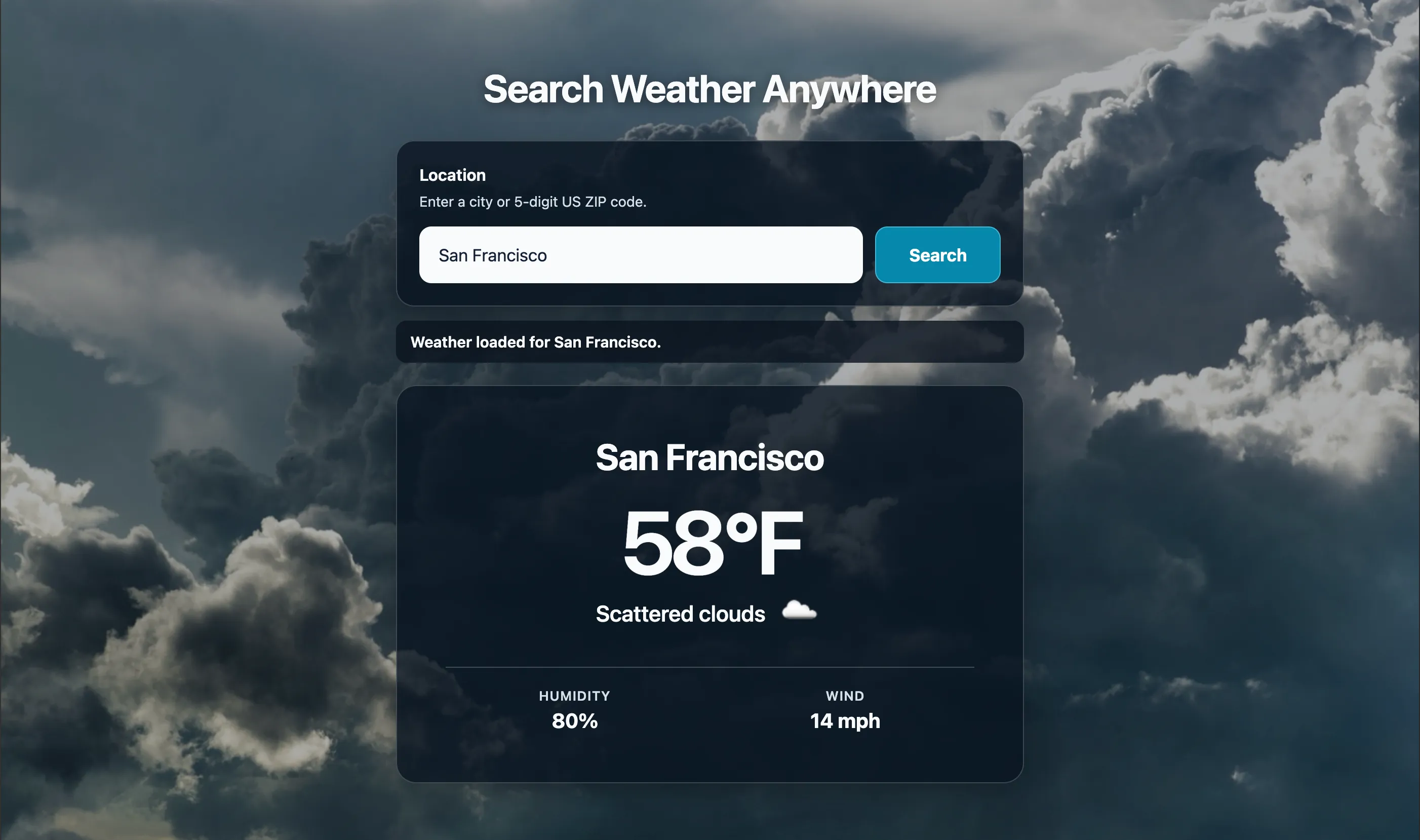 Weather App desktop view showing San Francisco at 58 degrees Fahrenheit with scattered clouds, 80 percent humidity, and 14 mile-per-hour wind.