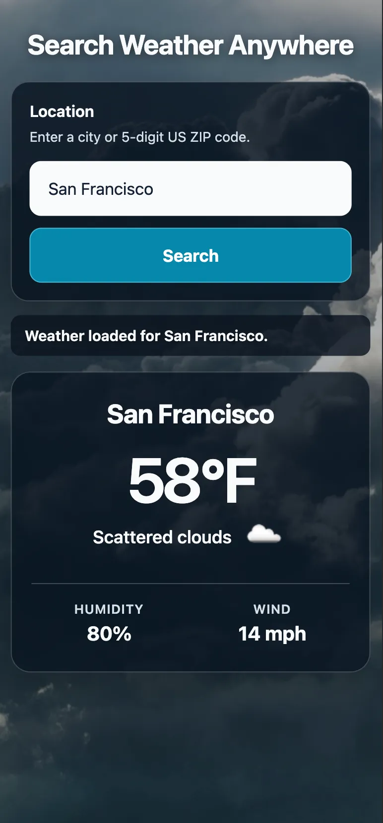 Weather App mobile layout showing San Francisco at 58 degrees Fahrenheit with scattered clouds, humidity, and wind details.