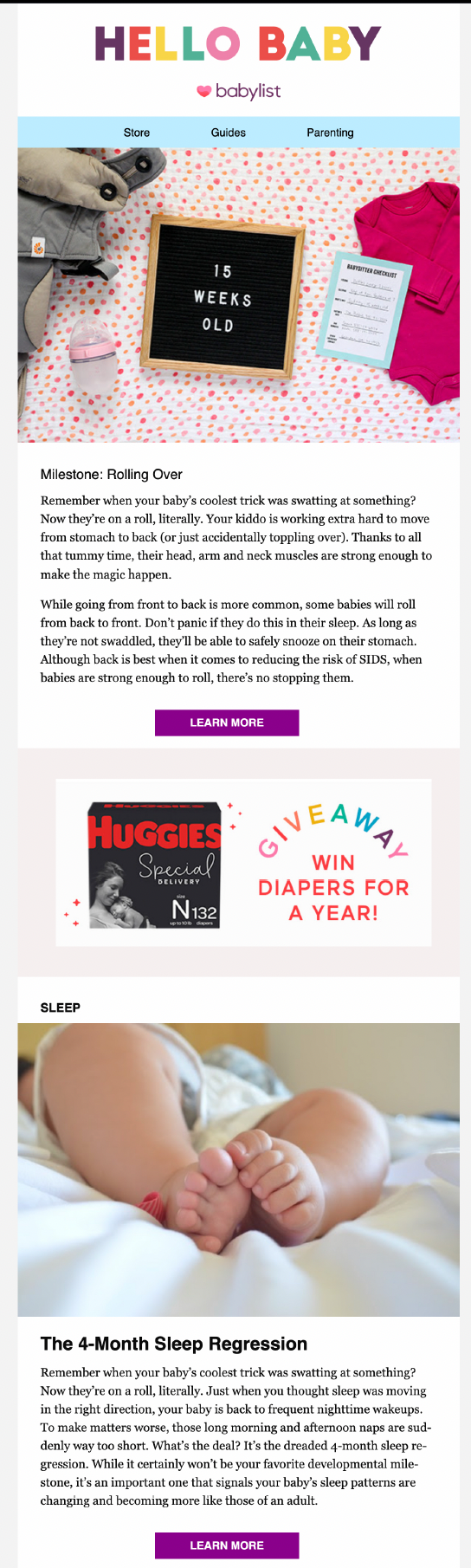 Long-form Babylist-inspired email with milestone content, promotional module, sleep article, imagery, and calls to action.