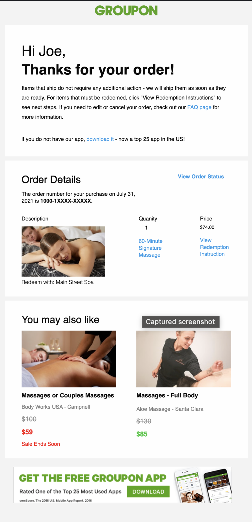 Groupon-inspired transactional email showing order confirmation, order details, related offers, and app promotion.